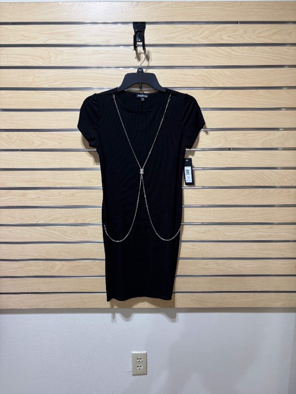 NWT Bebe black ribbed bodycon dress with rhinestone chain trim size S